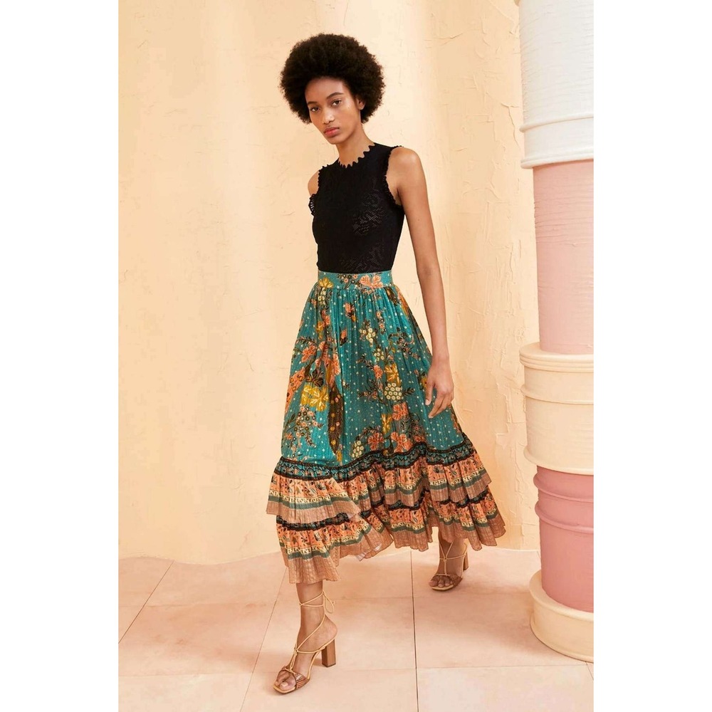 Ulla Johnson Zadie Resort Skirt Hummingbird Floral Midi Boho Romantic Prairie 0